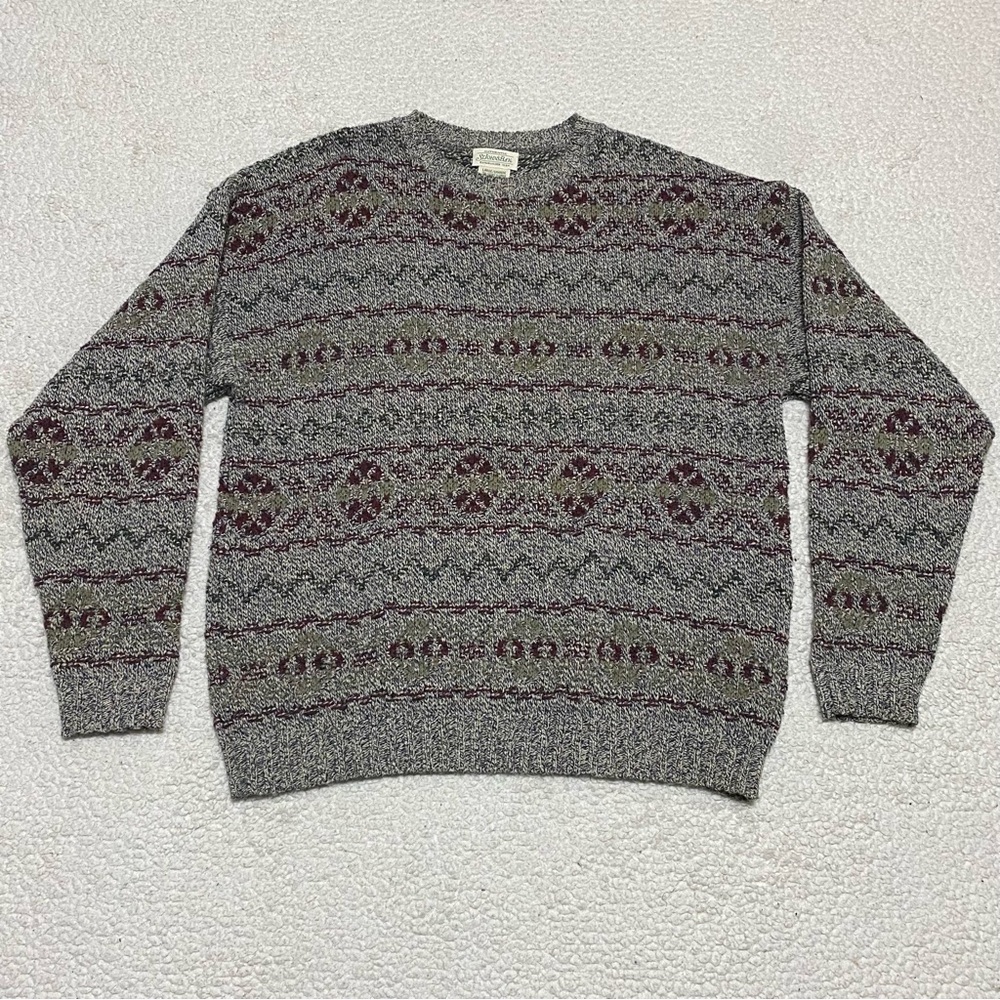 Vintage St Johns Bay Sweater Mens L Grey Geometric Grandpa Knit Chunky 90s Y2K